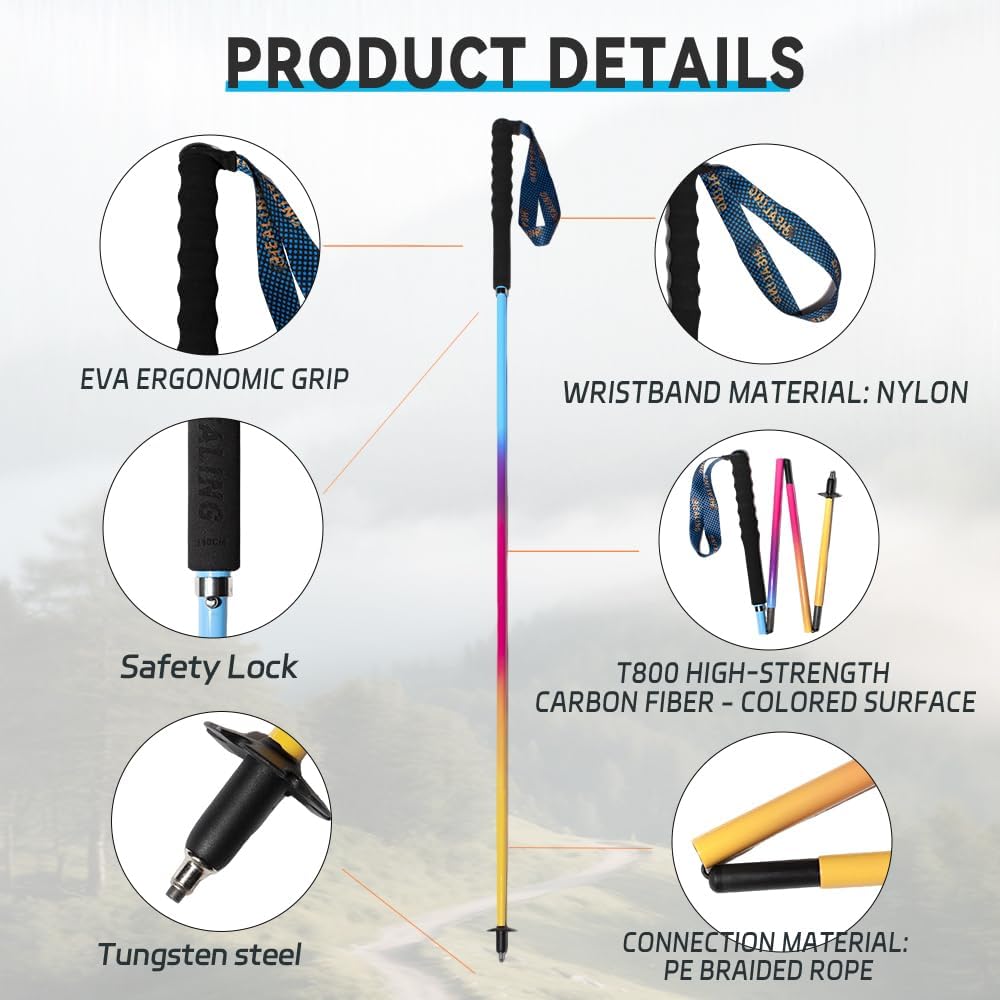 Carbon Fiber Trekking Poles 2-Pack - Ultra Lightweight 10oz, Collapsible 3-Piece Folding Design with Anti-Shock, Moisture-Wicking Cork Grips for Hiking, Mountaineering