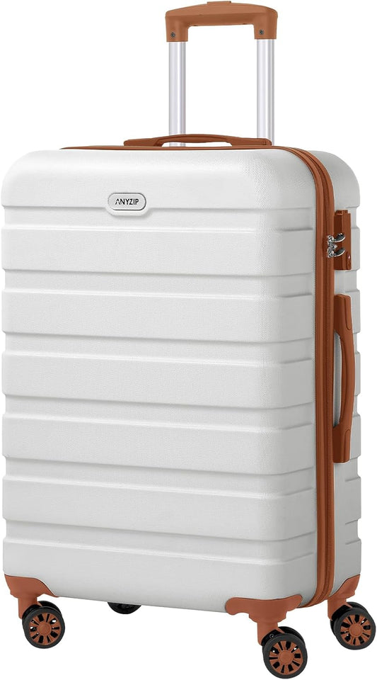 AnyZip Luggage PC ABS Hardside Lightweight Suitcase with 4 Universal Wheels TSA Lock Checked-Medium 24 Inch White Brown