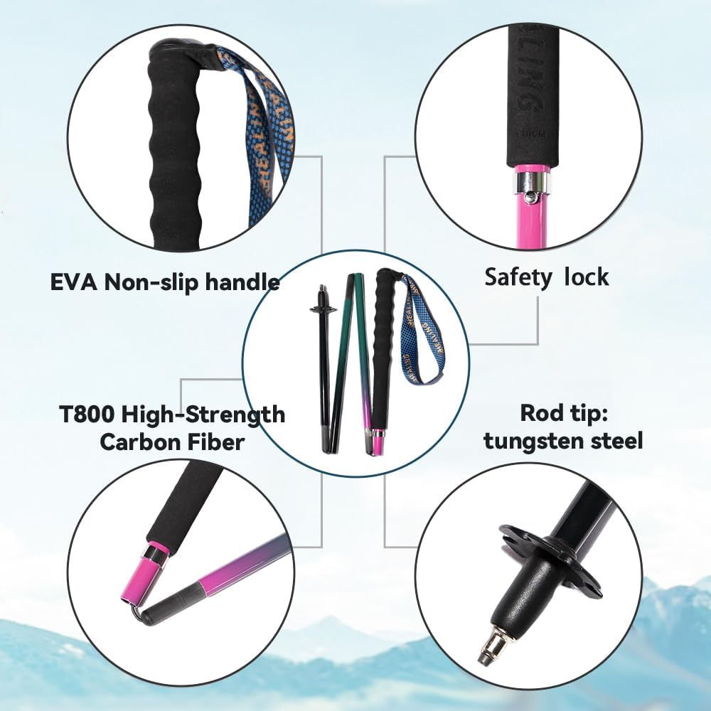 Carbon Fiber Trekking Poles 2-Pack - Ultra Lightweight 10oz, Collapsible 3-Piece Folding Design with Anti-Shock, Moisture-Wicking Cork Grips for Hiking, Mountaineering