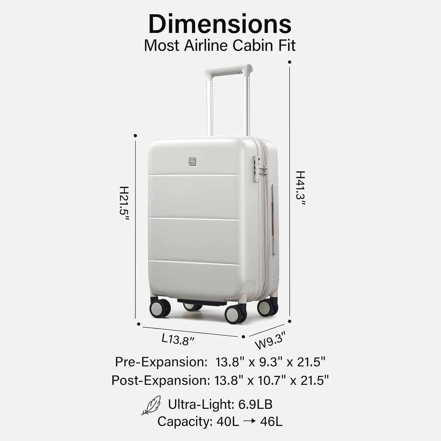 Hanke Expandable Carry On Luggage 22x14x9 Airline Approved, 20 Inch Hardside Luggage with Spinner Wheels, All-PC Hard Shell Carry-On Suitcase, Lightweight & TSA Approved (Smoke White, 46L)