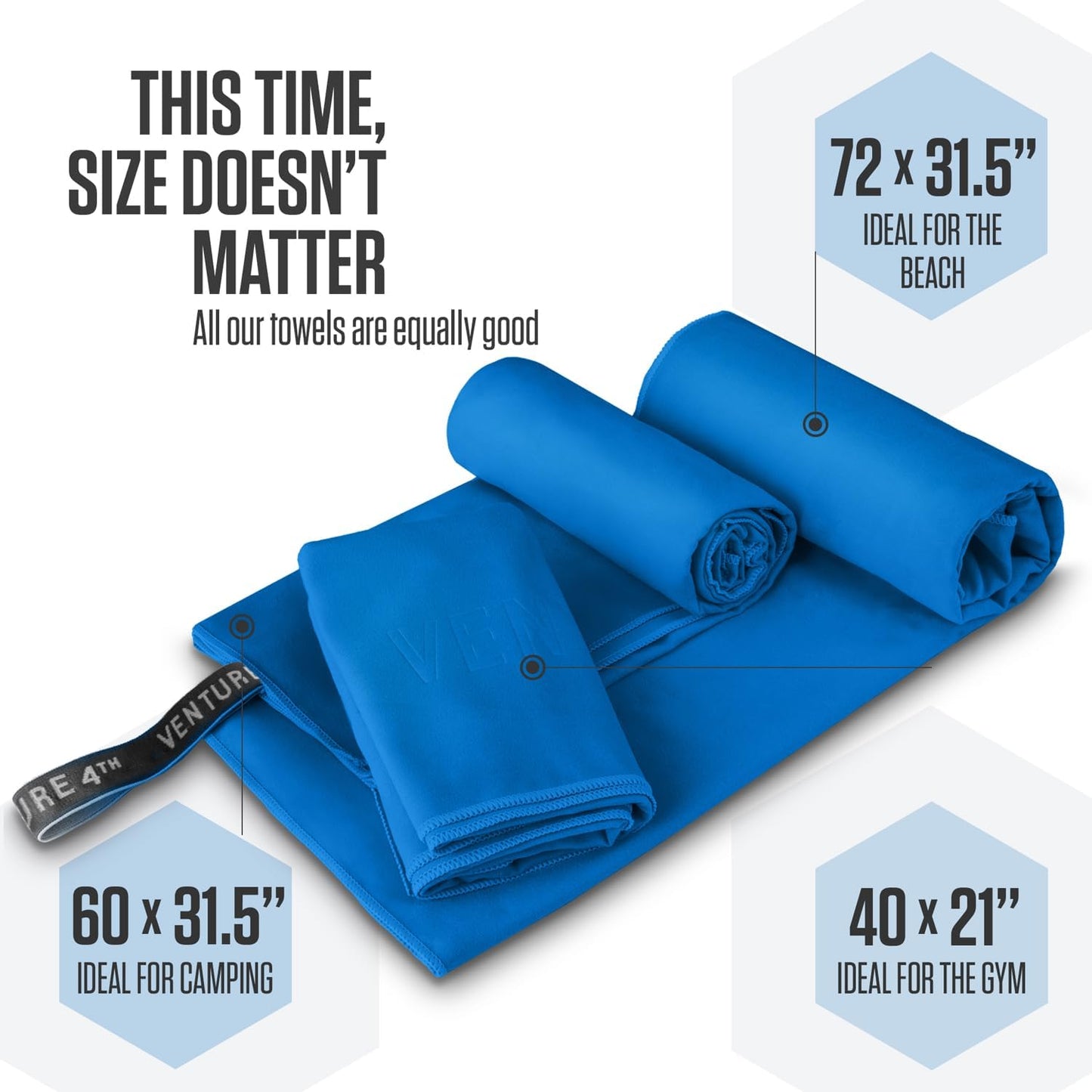 VENTURE 4TH Quick Dry Towel. Microfiber Travel Towel Ideal for Camping, Hiking, Backpacking, Gym. Lightweight & Fast Drying Travel Towels for Body. Compact & Easy to Pack - Blue Large