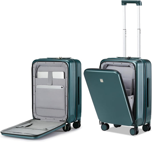 Hanke Grace Carry On Luggage with Wheels Airline Approved Hard Shell Suitcases with Front Pocket，Top Opening Luggage with TSA Lock for Short Business Travel，Blackish Green.