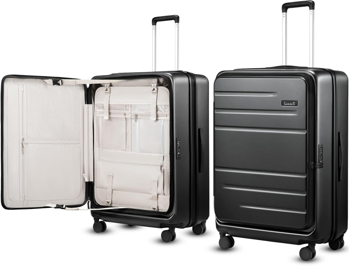 LUGGEX Checked Suitcase Top Opening, FLT Expandable Polycarbonate Hard Shell Suitcase with Wheels (FX-Lite, Black, 28 Inch, 105L-115L)