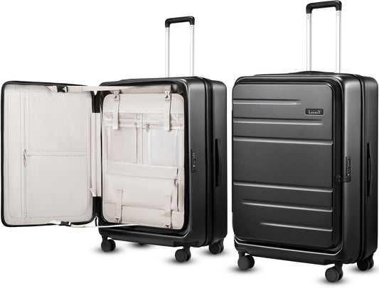 LUGGEX Checked Suitcase Top Opening, FLT Expandable Polycarbonate Hard Shell Suitcase with Wheels (FX-Lite, Black, 28 Inch, 105L-115L)