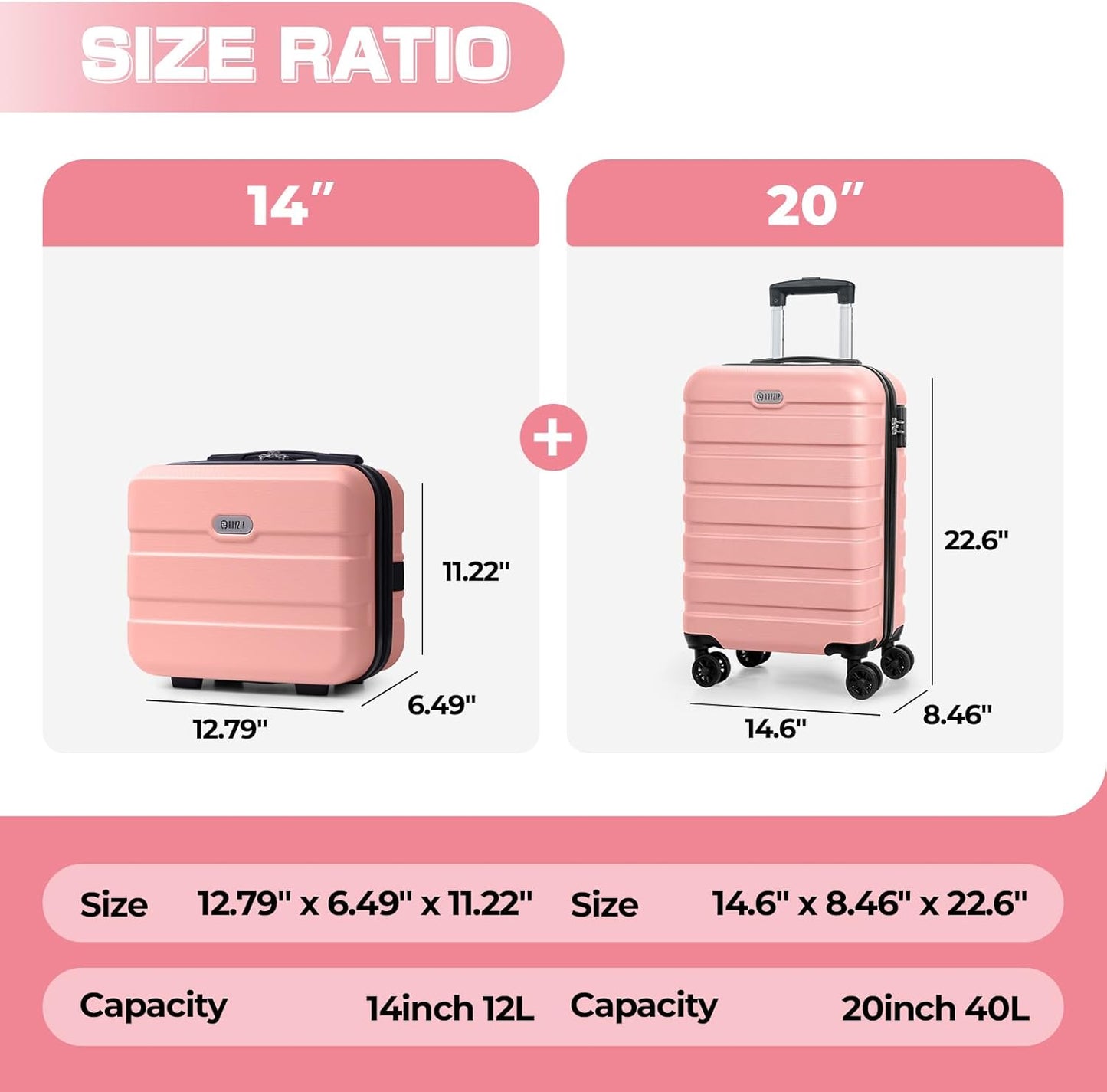 AnyZip Carry On Luggage 2PCS Luggage Set PC ABS Hardshell Lightweight Suitcase TSA Lock with 4 Spinner Wheels（14/20, Pink）