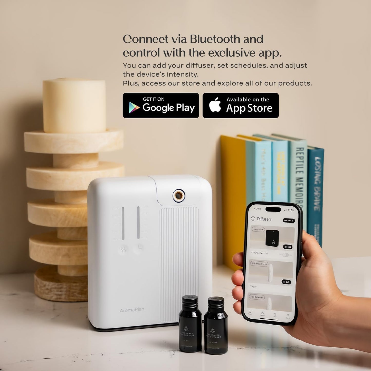 AromaPlan 5 Star Collection Cold Air Scent Diffuser, Whole House (Includes 2 Fragrances & 12 Set Sample kit) - Smart Scent Diffuser, HVAC System- Touch & App, 2000 Sq. Ft Cov.(White)