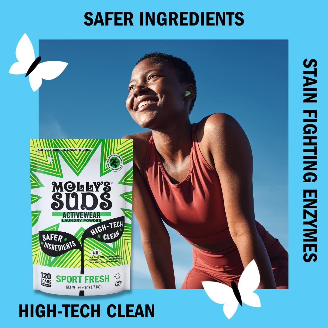 Molly's Suds Active Wear Laundry Detergent | Extra Strength Sport Laundry Powder, Stain Fighting for Performance Fabrics and Sensitive Skin | 120 Loads