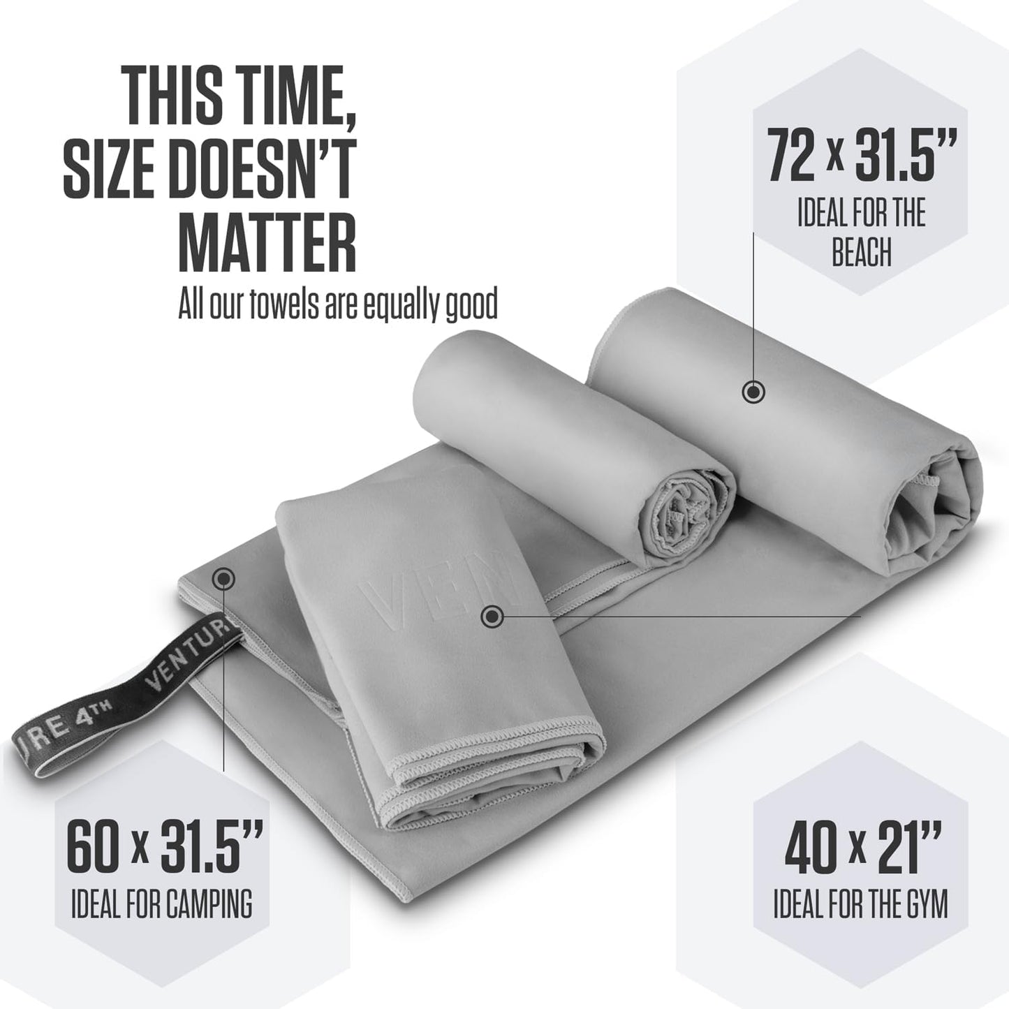 VENTURE 4TH Quick Dry Towel. Microfiber Travel Towel Ideal for Camping, Hiking, Backpacking, Gym. Lightweight & Fast Drying Travel Towels for Body. Compact & Easy to Pack - Light Gray Large