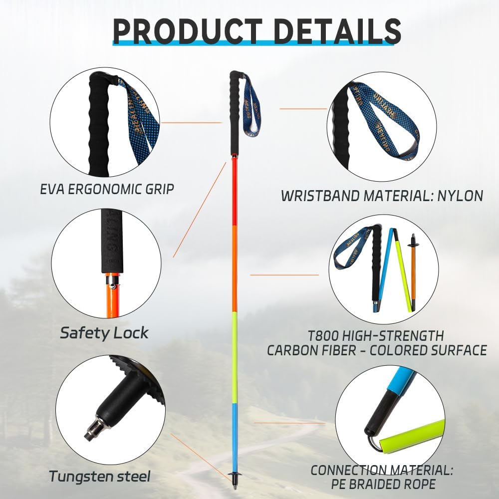 Carbon Fiber Trekking Poles 2-Pack - Ultra Lightweight 10oz, Collapsible 3-Piece Folding Design with Anti-Shock, Moisture-Wicking Cork Grips for Hiking, Mountaineering