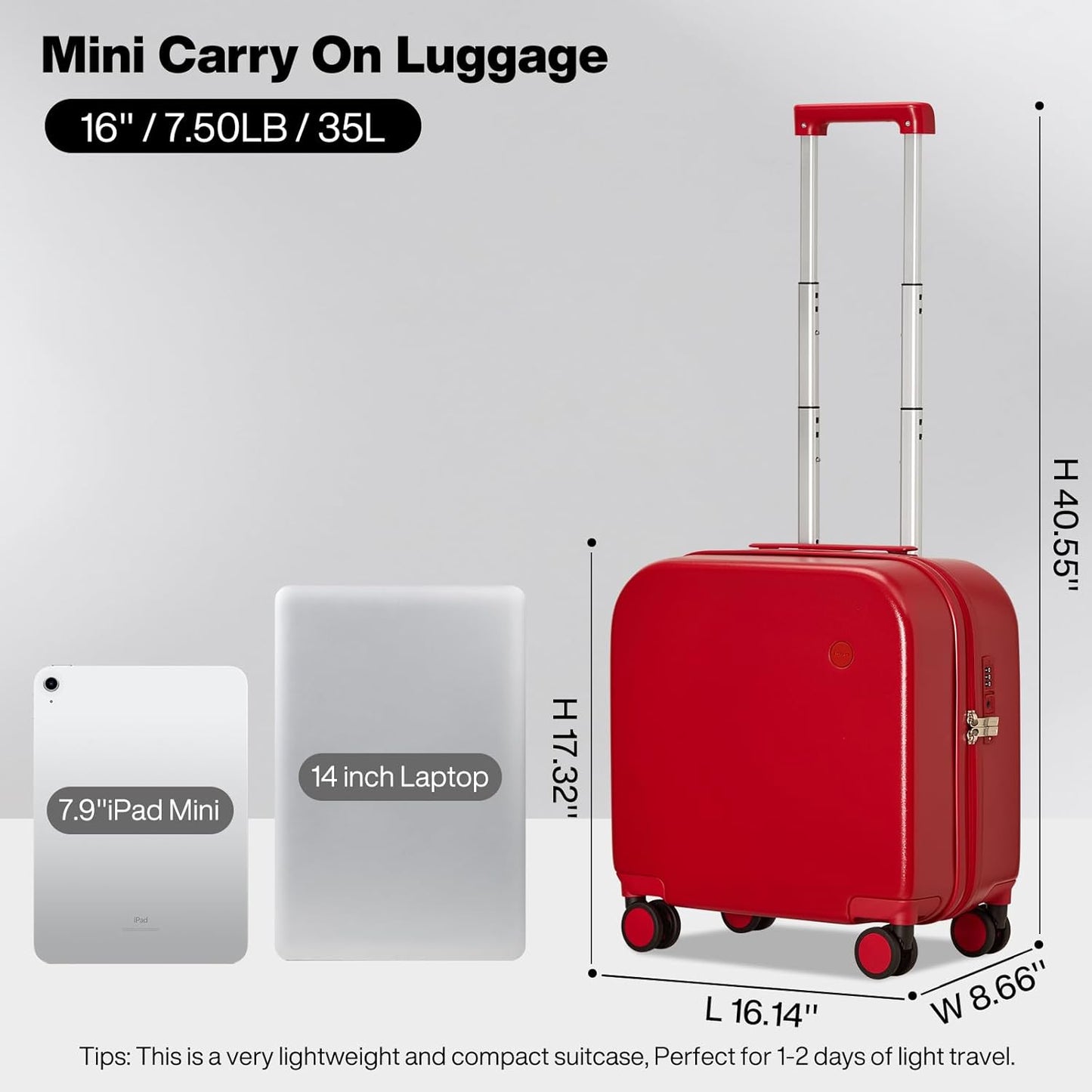 mixi Carry on Luggage, Suitcase with Spinner Wheels 16in Luggage Hardshell Lightweight Rolling Suitcases PC with Cover & TSA Lock, Red