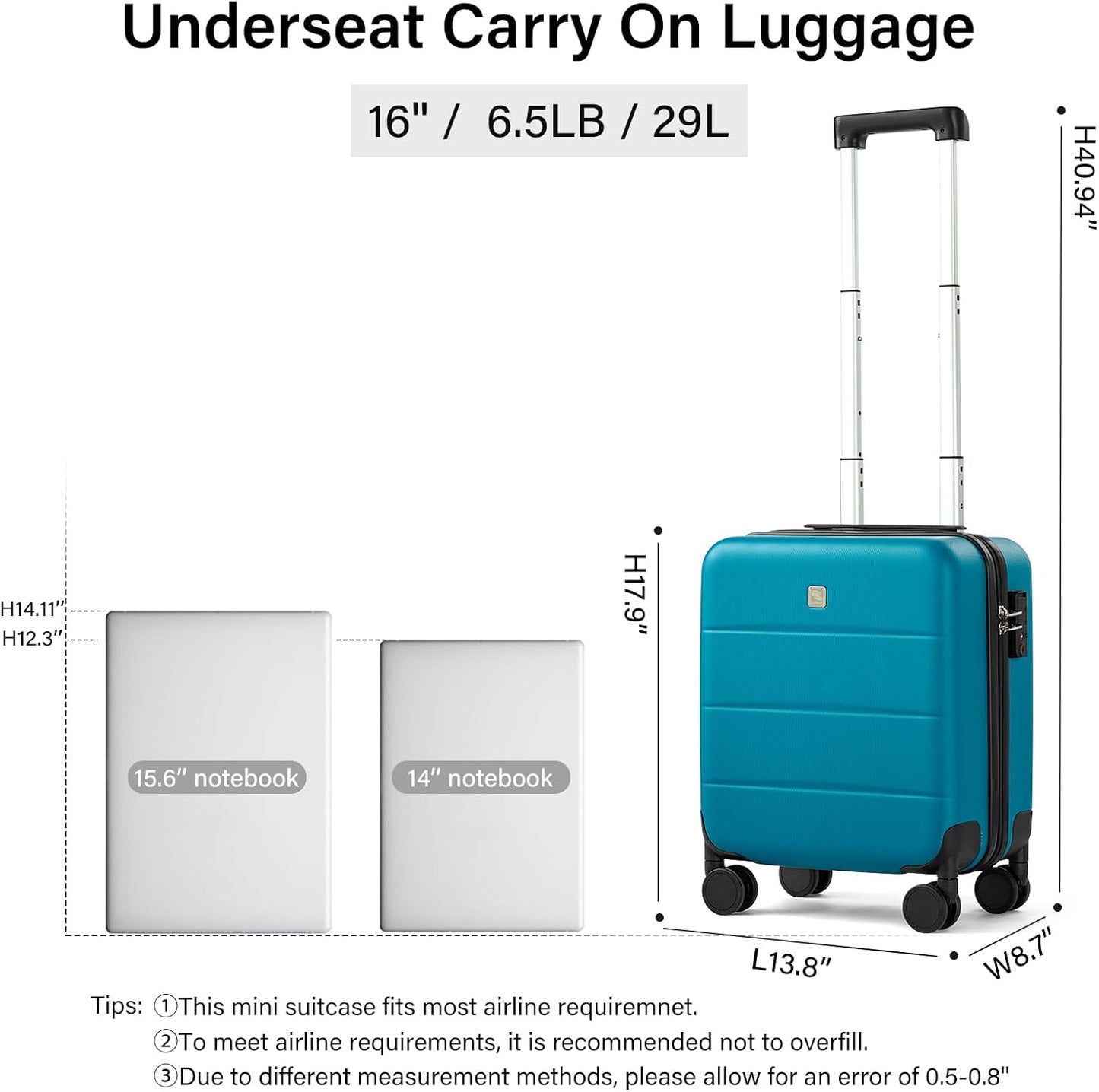 Hanke 16 Inch Underseat Carry On Luggage with Wheels Hard Shell Mini Small Suitcases Carry On Bag for Airline Approved TSA Luggage Lightweight Travel Suitcase(Caribbean Blue)