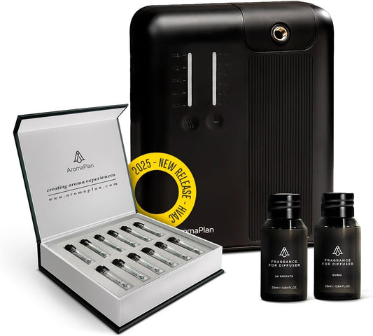AromaPlan 5 Star Collection Cold Air Scent Diffuser, Whole House (Includes 2 Fragrances & 12 Set Sample kit) - Smart Scent Diffuser, HVAC System- Touch & App, 2000 Sq. Ft Cov. (Black)