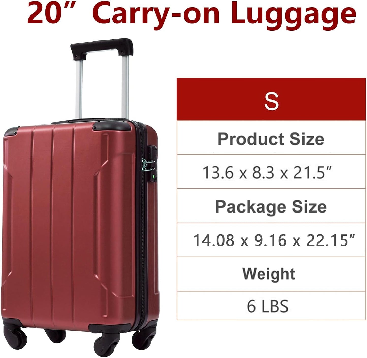 20in Carry On Luggage Hardshell Suitcase with Spinner Wheels Lightweight Lugagge Design Waterproof Durable for Travel (Red)