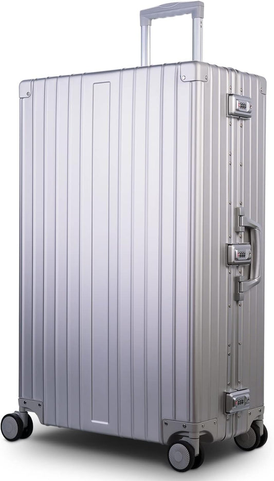 TRAVELKING All Aluminum Luggage Zipperless Hard Shell Luggage Case with TSA Lock Spinner Alloy Metal Suitcase (Silver, 28")