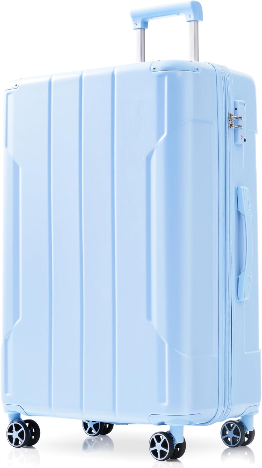 Merax 28 Inch Checked Luggage, Lightweight & Expandable Hardshell ABS Suitcase with Spinner Wheels, TSA Lock, Corner Guards (Sky Blue)