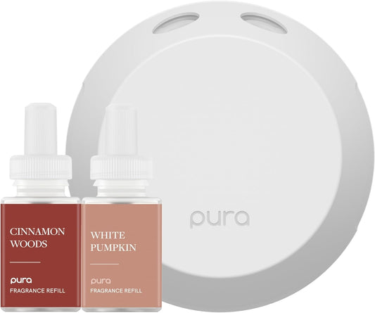 Pura - Smart Home Fragrance Device Starter Set - Pura 4 - Scent Diffuser for Home - Includes Fragrance Aroma Diffuser - Square Box, Cinnamon Woods and White Pumpkin Scent Refills