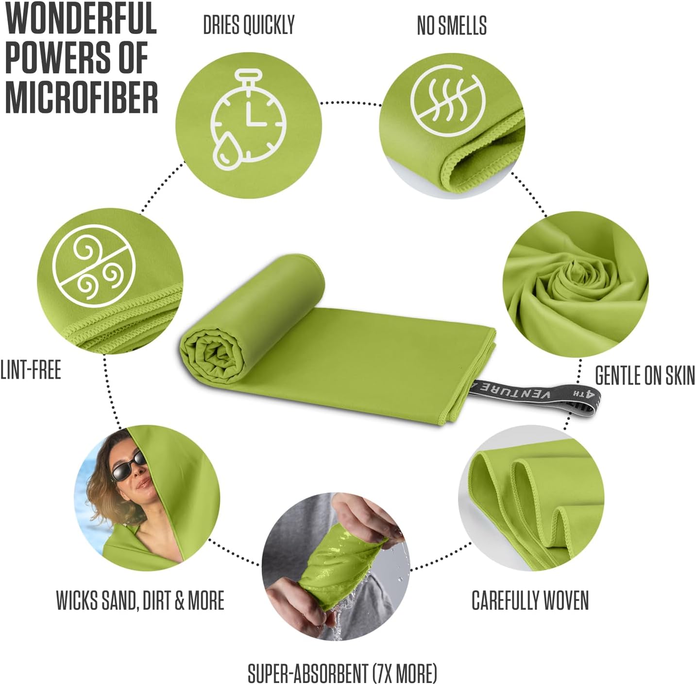 VENTURE 4TH Quick Dry Towel. Microfiber Travel Towel Ideal for Camping, Hiking, Backpacking, Gym. Lightweight & Fast Drying Travel Towels for Body. Compact & Easy to Pack - Lime Extra Large