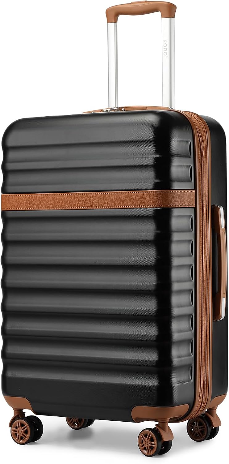 Kono Medium Sized Checked Luggage, 24 Inch Expandable with Spinner Wheels, TSA Lock, ABS + PC Lightweight Travel Suitcase with Larger Capacity and Lighter Weight, Black Brown
