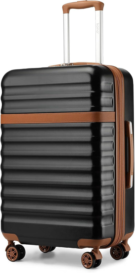 Kono Medium Sized Checked Luggage, 24 Inch Expandable with Spinner Wheels, TSA Lock, ABS + PC Lightweight Travel Suitcase with Larger Capacity and Lighter Weight, Black Brown
