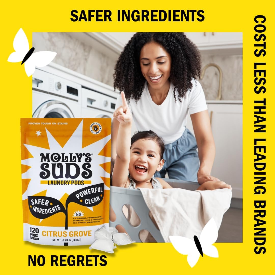 Molly's Suds Laundry Detergent Pods | Clean Detergent for Sensitive Skin | Ultra Concentrated and Stain Fighting | Citrus Grove - 60 Count