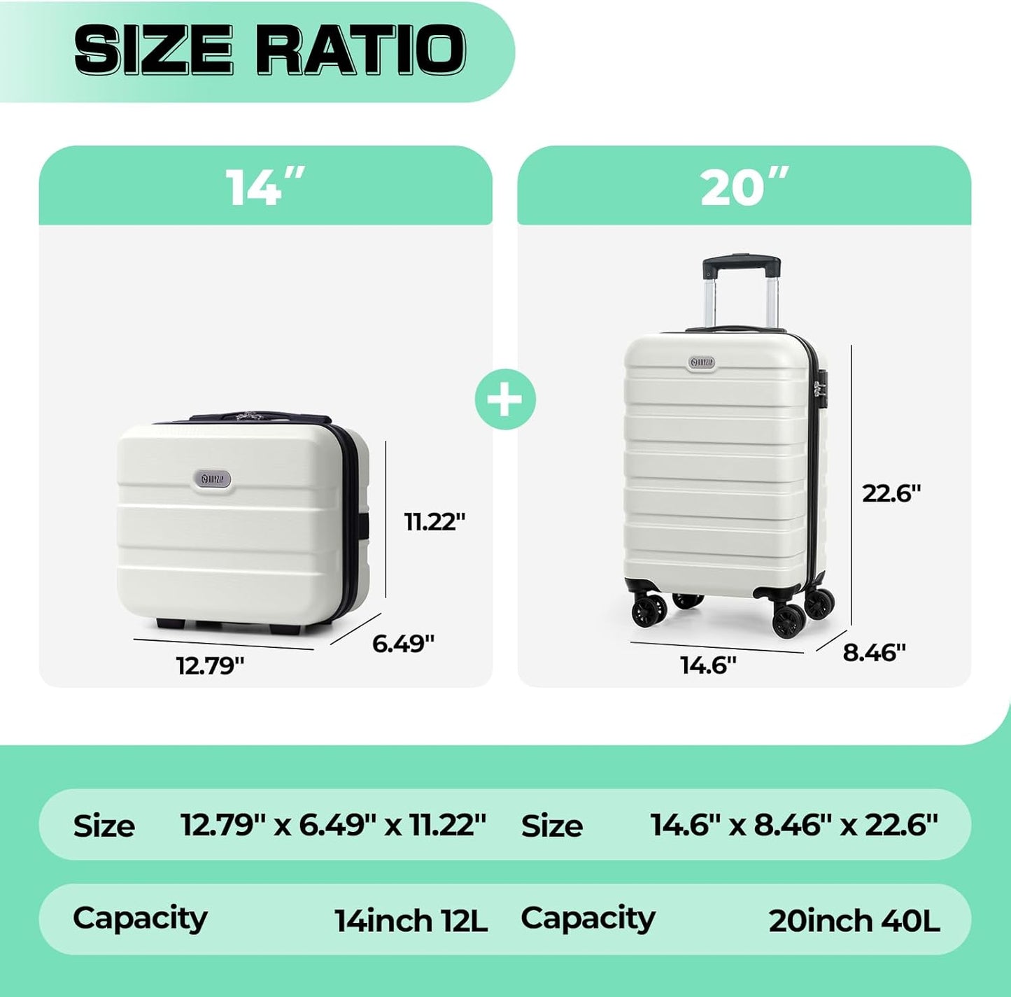 AnyZip Carry On Luggage 2PCS Luggage Set PC ABS Hardshell Lightweight Suitcase TSA Lock with 4 Spinner Wheels（14/20, White）