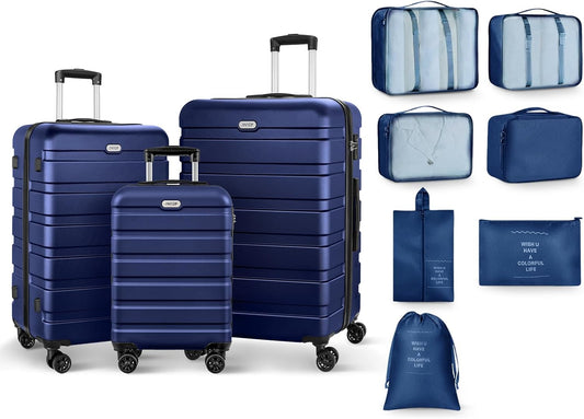 AnyZip Luggage Sets 10 Piece Hardshell Suitcase Set PC ABS Lightweight Travel Suitcases with 4 Double Spinner Wheels TSA Lock 20 24 28 Inch with 7 Storage Bags Dark Blue