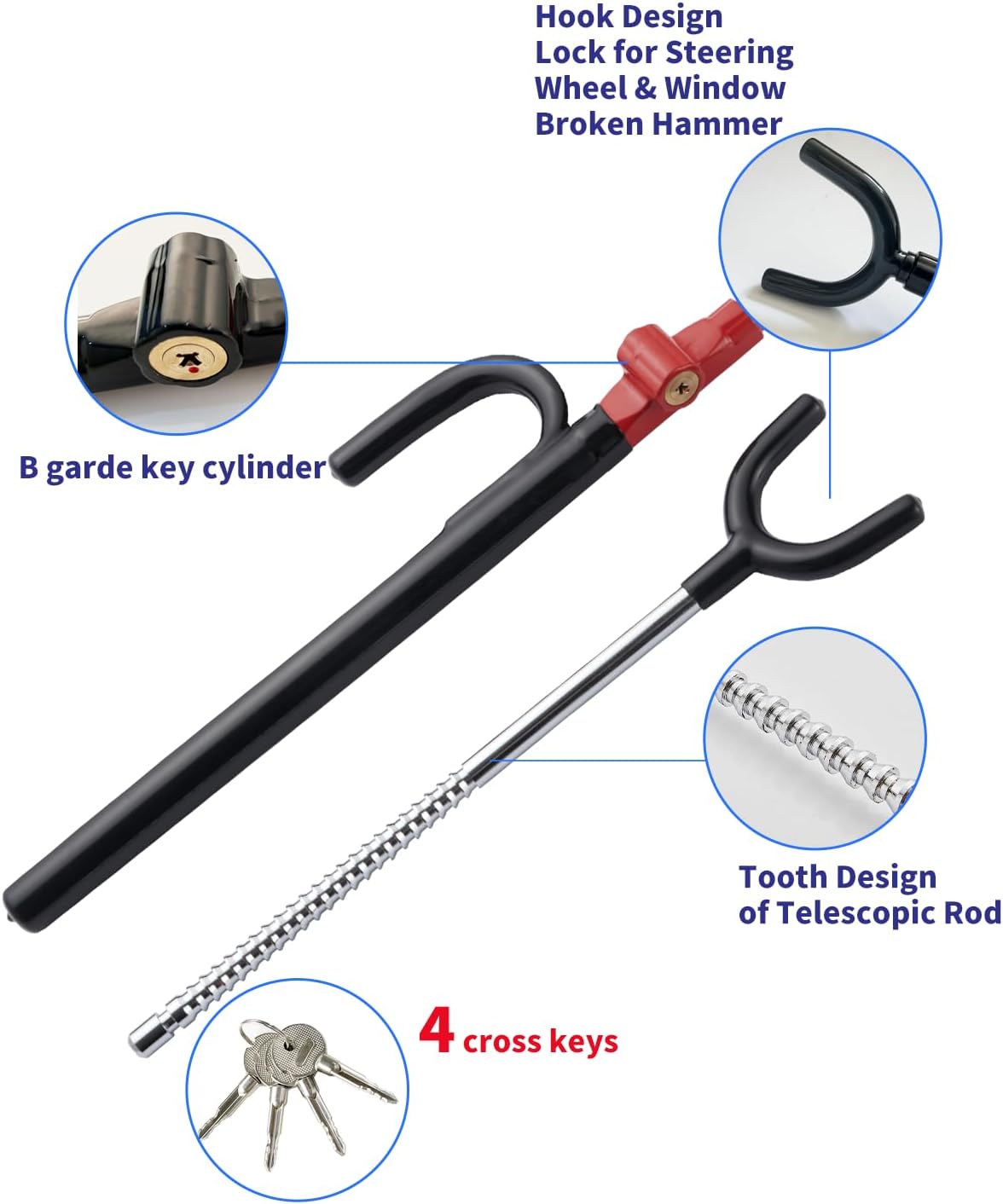 Steering Wheel Lock Anti-Theft car Device Car Wheel Locks Heavy Duty Vehicle Security Steering Wheel Lock for Truck Car Vehicles Van Lorry SUV with 4 Keys, Elongated Length BlackRed