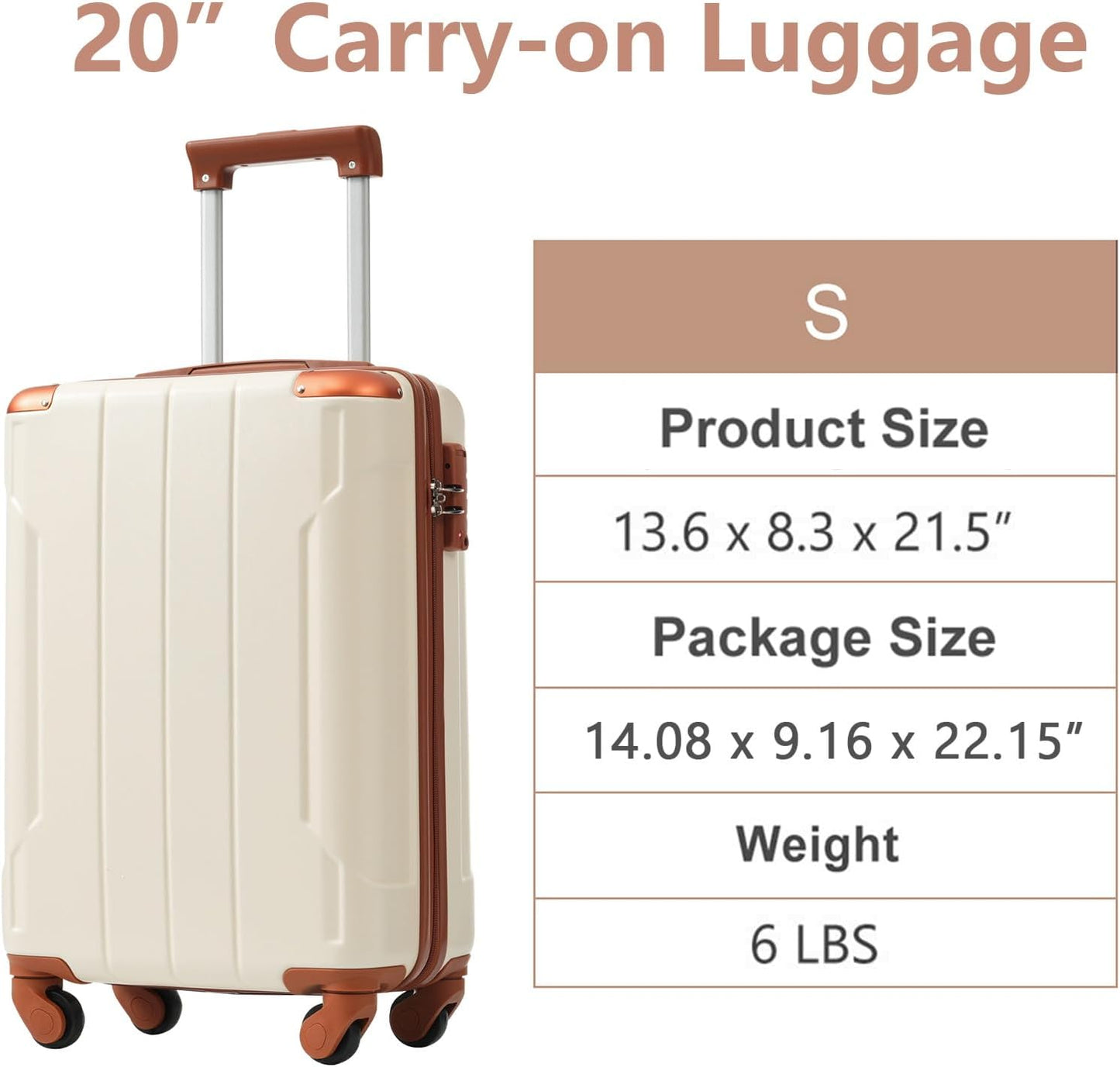 20in Carry On Luggage Hardshell Suitcase with Spinner Wheels Lightweight Lugagge Design Waterproof Durable for Travel, White Luggage (White + Brown)