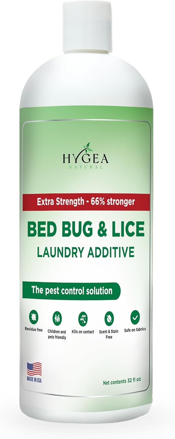 Hygea Natural Lice & Bed Bug Extra Strength Laundry Additive - Environmentally Responsible, Odorless & Stain-Free Liquid Laundry Treatment - Safe for Children & Pets - Any Water Temperature (32 oz)