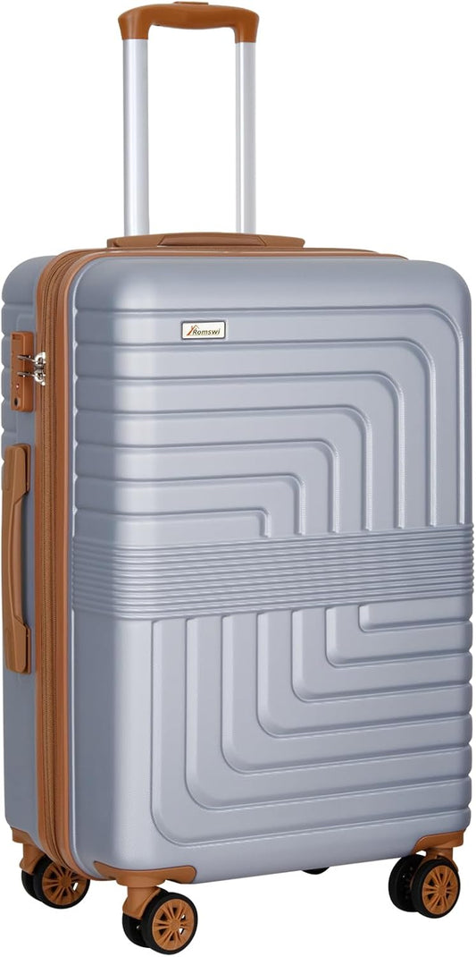Romswi 26" Expandable Medium Checked Luggage, Hardshell Suitcase with Double Spinner Wheels for 20% More Space, Airline Approved Lightweight Hardside with Scratch-Resistant & YKK Zipper, Silver