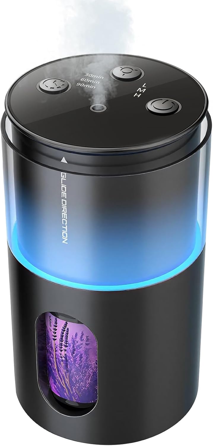 Waterless Diffuser for Essential Oil: Mini Battery Scent Diffuser for Room&Home&Car with 9 Colors LED Light - Aroma Cool Mist Obsidian Black