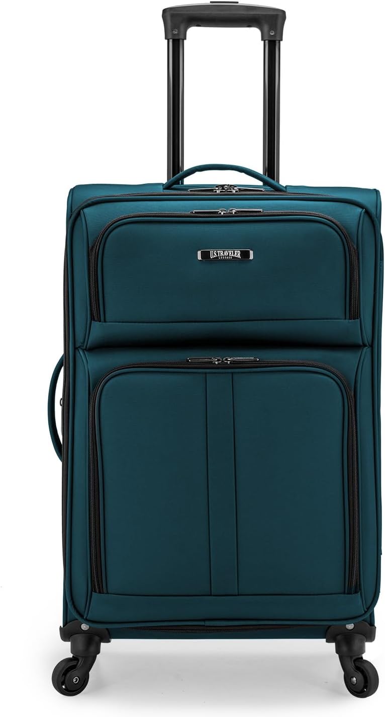 U.S. TRAVELER Anzio Softside Sturdy Ballistic Nylon Expandable Travel Suitcase Luggage with 4 Spinner Wheels, Teal, Checked-Medium 26-Inch