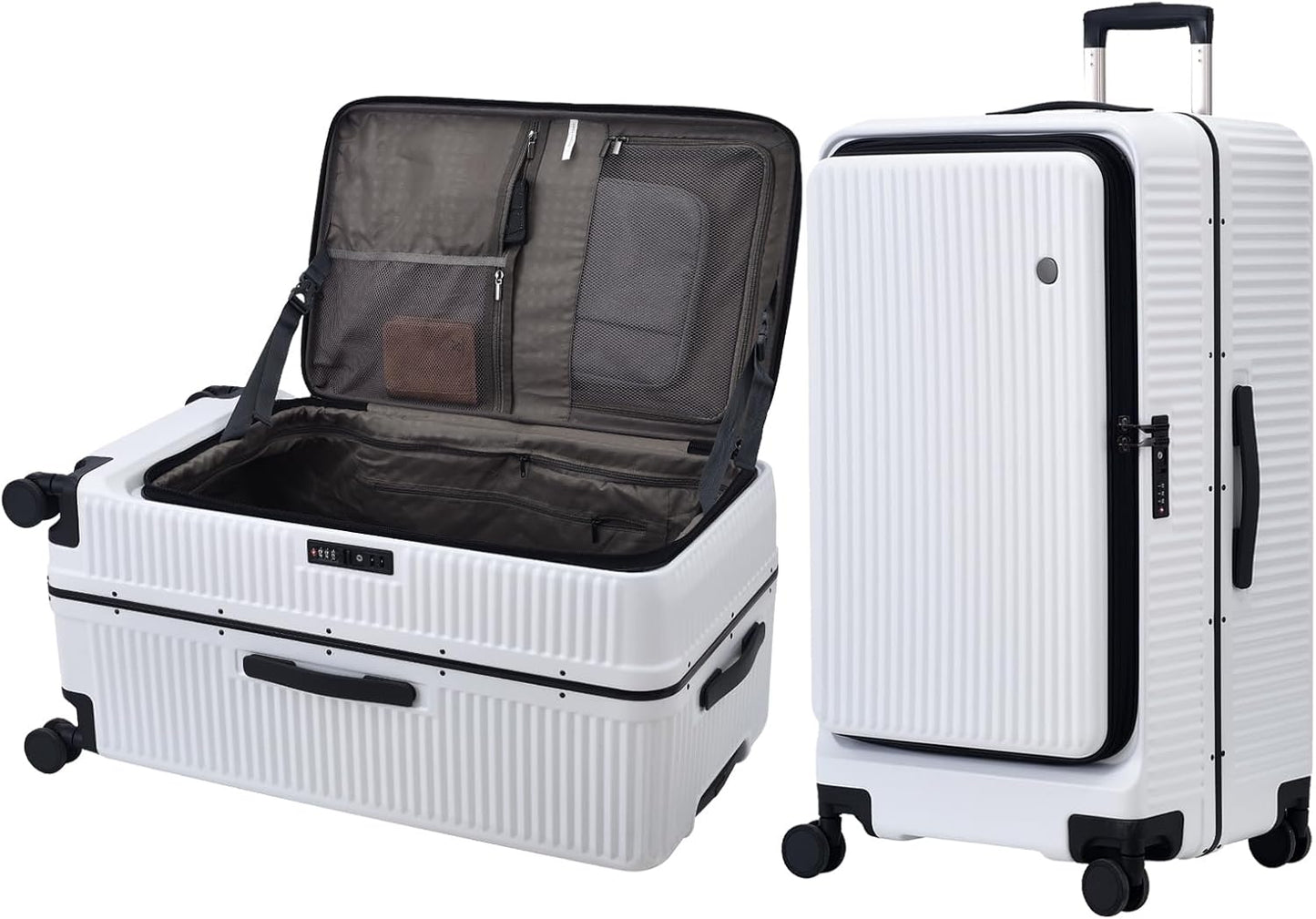 29 Inch Aluminum Checked Luggage with Side Opening Zipper, 40 * 37 * 77cm, 113L, Lightweight Hardshell ABS+PC Suitcase with TSA Lock, 360° Universal Wheels, White