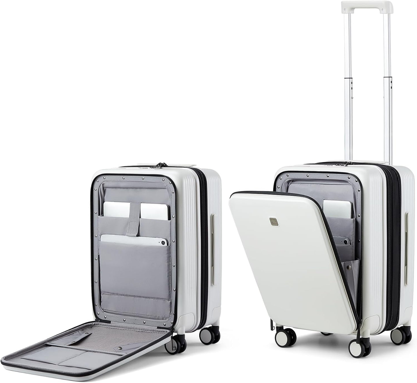 Hanke Grace Expandable Carry On Luggage with Wheels Airline Approved Hard Shell Suitcases with Front Pocket，Top Opening Luggage with TSA Lock for Short Business Travel, Smoke White.