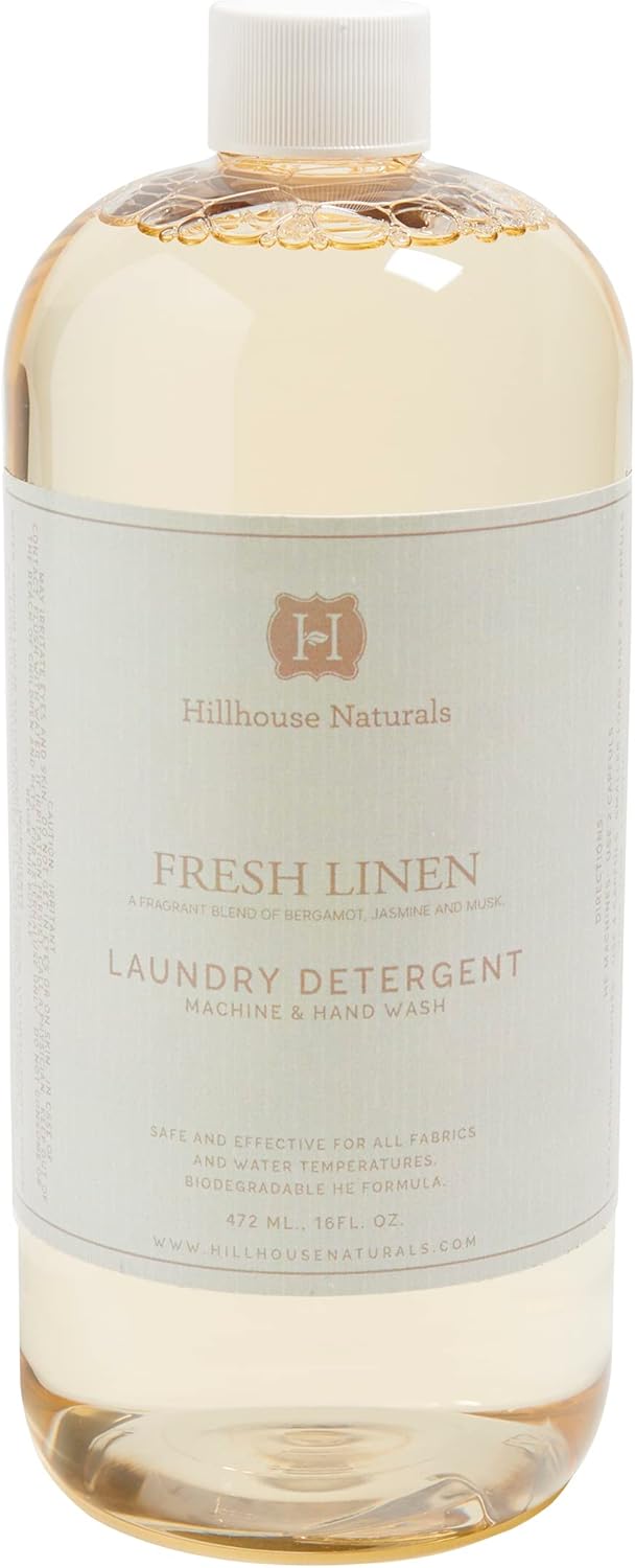 Hillhouse Naturals 32oz Fresh Linen laundry detergent. With scents of lemon and orange interwoven with bergamot, rose, jasmine and musk. Made in the USA