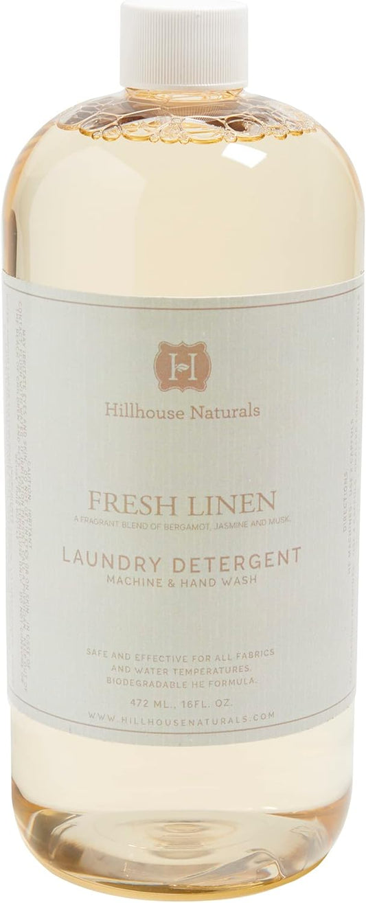 Hillhouse Naturals 32oz Fresh Linen laundry detergent. With scents of lemon and orange interwoven with bergamot, rose, jasmine and musk. Made in the USA
