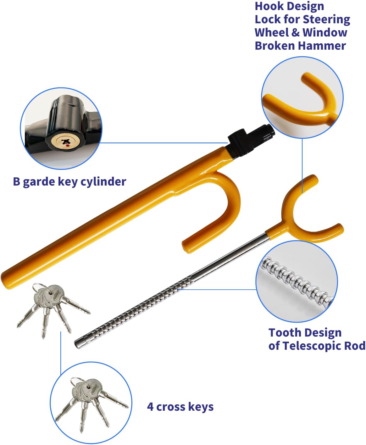 Steering Wheel Lock Anti-Theft car Device Car Wheel Locks Heavy Duty Vehicle Security Steering Wheel Lock for Truck Car Vehicles Van Lorry SUV with 4 Keys, Elongated Length MAX 30.5“ Yellow