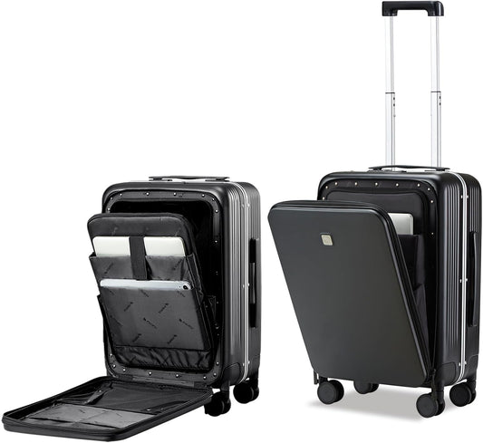 Hanke Grace Hard Shell Suitcases with Wheels,20 Inch Carry On Luggage Airline Approved with Aluminum Frame, Travel suitcase with Front Pocket Travel Luggage for Short Business Trips, Jet Black.