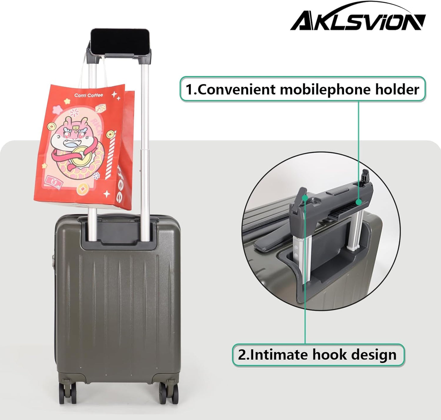 18-inch Carry-on Boarding Luggage: Equipped with Movable Wheels, TSA Approved,Under the Seat, Hard Shell Construction, Lightweight Bag with Essential Accessories (Greenish Grey)