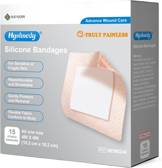 Silicone Adhesive Bandages Extra Large Sizes for Sensitive Fragile Skin 4"x4" 15 Count Flexible Fabric Latex Free Hypoallergenic Breathable XL Bandages for Adhesive Allergy Wounds