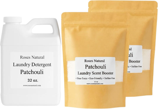 Patchouli Laundry Detergent & Scent Booster Bundle – 32 oz Detergent + 32 oz Booster, Long-Lasting Freshness, Natural Plant-Based Laundry Set, Eco-Friendly & Sulfate-Free, Made in USA
