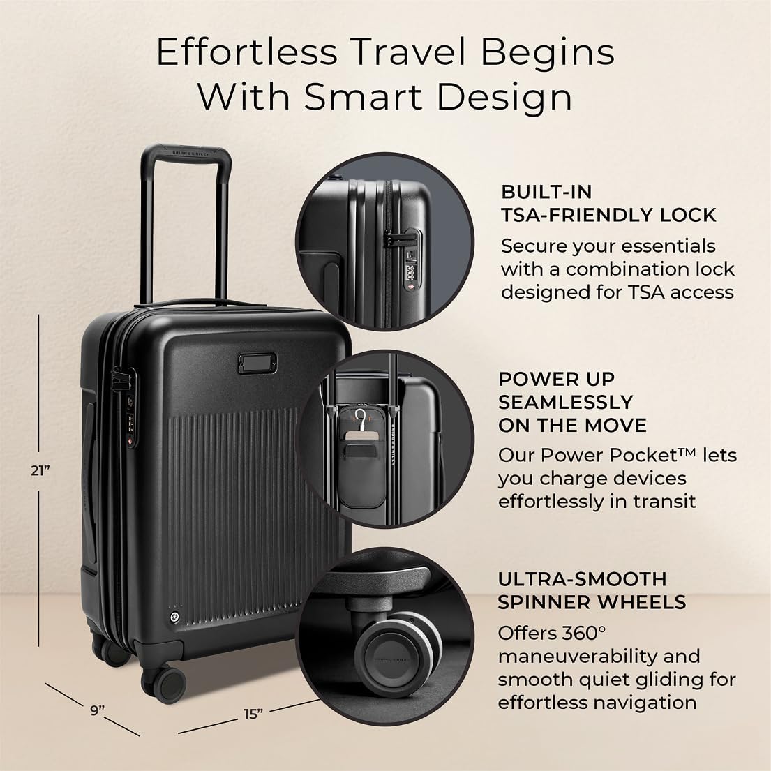 Briggs & Riley 21" Global Carry On Expandable Spinner - Luggage for Travel, Suitcases with Wheels, Hardside Rolling Bag for Men & Women, Self-Repairing Zipper - Sympatico Collection, Black