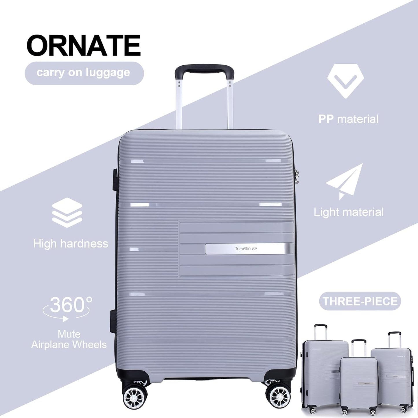 Luggage 3 Piece Sets Suitcase Set with Double Spinner Wheels, Lightweight Carry On Hardside Travel Luggage with TSA Lock, (20/24/28) (Silver)