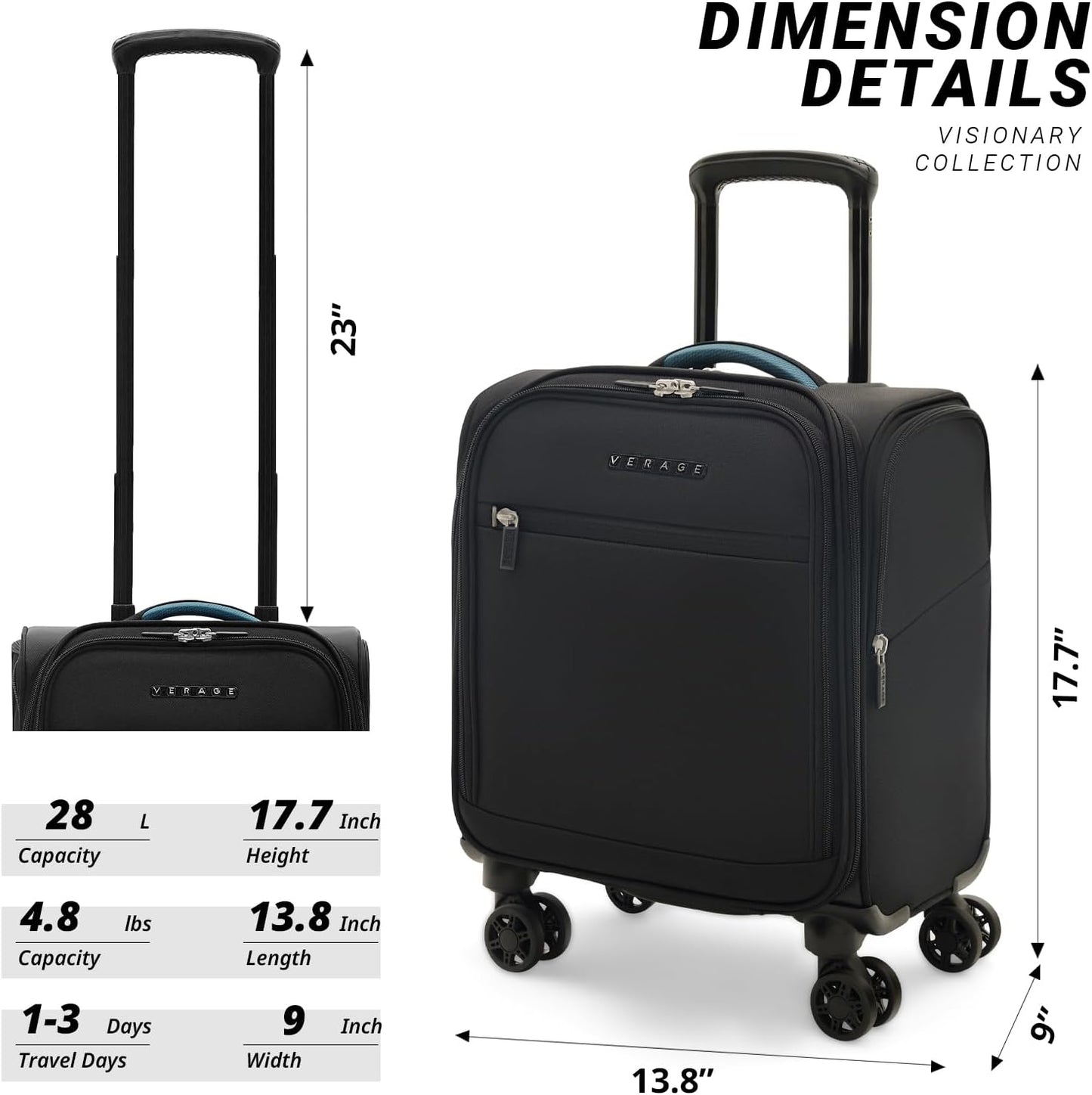 Verage Under Seat Luggage with Wheels, Softside Small Suitcase Spinner Carry On Luggage Bags for Airlines Airplanes Short Trip Men Women (Black, 14.5-Inch Plus Underseat)