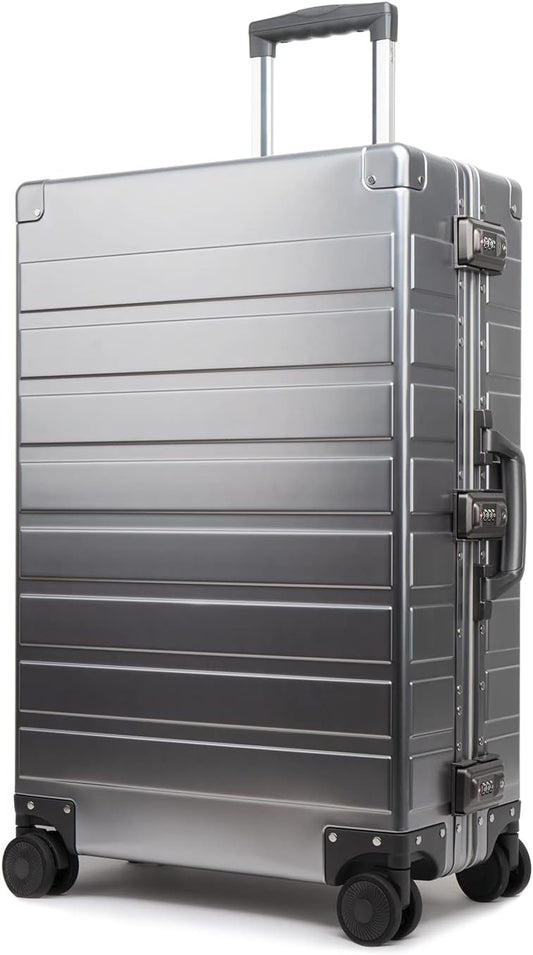 TRAVELKING All Aluminum Luggage with TSA Locks Metal Hard Shell Zipperless Spinner Alloy Metal Suitcase (Cool Metallic, 24 Inch)