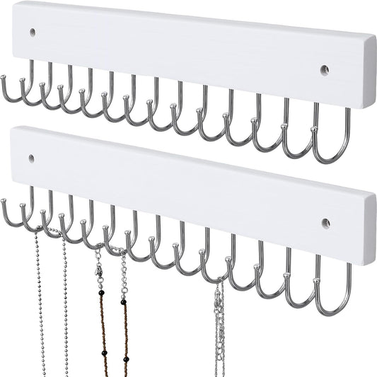 Hanging Jewelry Organizer Wall Mounted, Modern Jewelry Display with 28 Hooks, Decorative Necklace Holder for Wall, Space Saving Necklace Hooks, (2 Packs, White)
