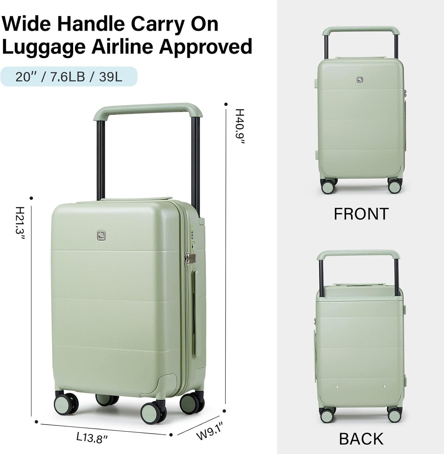 Hanke Carry On Luggage 22x14x9 Airline Approved Spinner Wheels TSA Luggage with Wide Handle Hard Shell Suitcases Lightweight Travel Luggage Women Men(Bamboo Green)