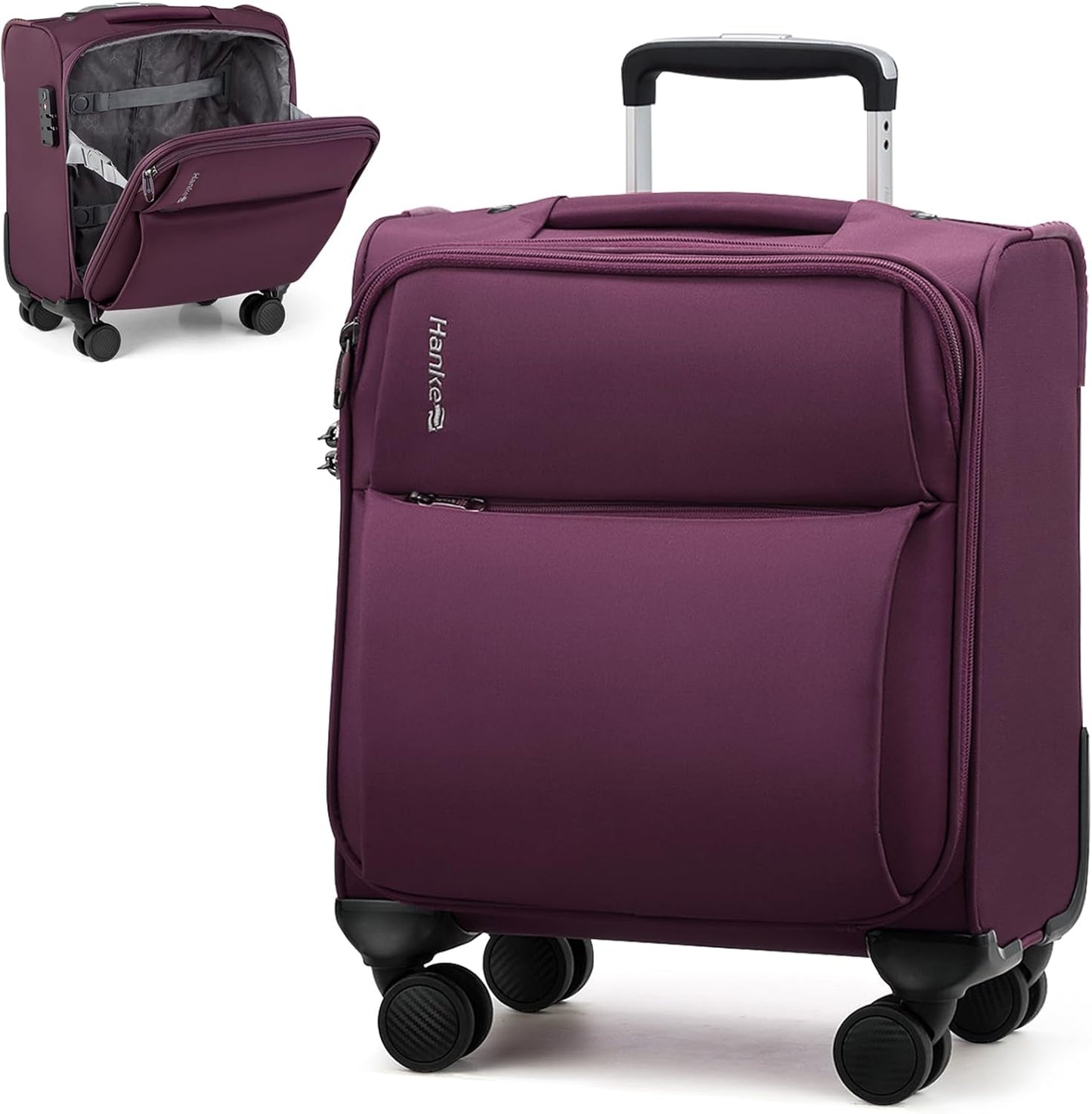 Hanke 16 Inch Underseat Carry On Luggage with Spinner Wheels Airline Approved, Small Rolling Suitcase Softside Underseater Lightweight TSA Travel Roller Suitcase Carry-On Bag(Purple)