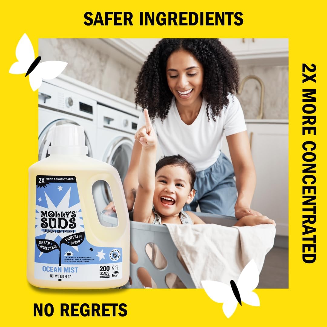 Molly's Suds Liquid Laundry Detergent | Clean Laundry Detergent Soap for Sensitive Skin | 2x Concentrated, High Efficiency (HE) (Ocean Mist - 200 Loads)