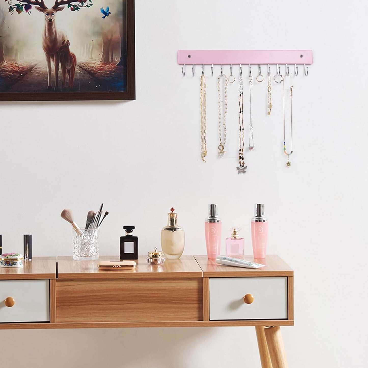 Wall Mounted Necklace Holder, Morden Style Necklace Holder, Tangle Free Wall Jewelry Organizer with 28 Hooks(2 Packs,Pink)